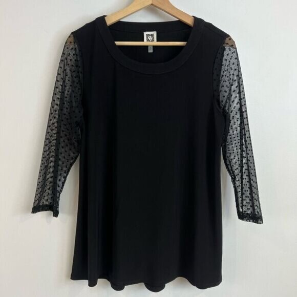 Vintage Anne Klein Women’s Medium Black Sheer Sleeves Blouse Top Shirt Polka - Picture 12 of 13